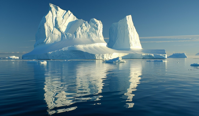 An iceberg floats on the water, its reflection seen in the water below. The water and sky are a deep blue.  