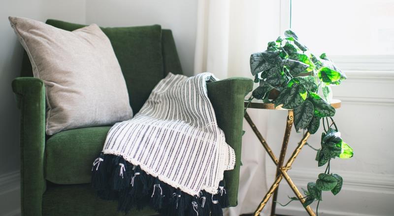 A dark green armchair looks calm and inviting with a pale cushion and striped blanket. Next to the chair is a small table with a plant trailing down it, and there's a window bringing light behind. 
