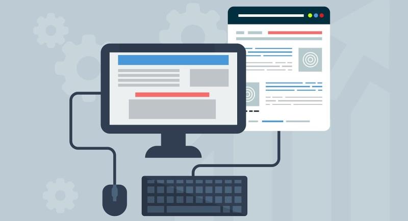 Illustration of a desktop computer setup with a monitor, keyboard, and mouse connected, displaying web page layouts on screen and in a separate window. Background includes faint gear icons, suggesting themes of technology, software development, or web design.