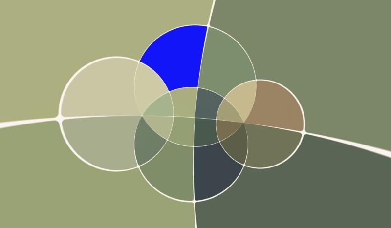 Abstract diagram featuring overlapping circles in muted green, beige, brown, and dark blue shades, with one segment in bright blue. The design highlights intersections and layering, suggesting relationships or connections among different elements.