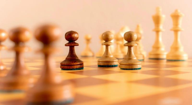 Photograph of a chessboard focusing on pawns and kings arranged for gameplay. The foreground features dark and light pawns with blurred pieces in the background, highlighting contrast between wood tones and strategic positioning.